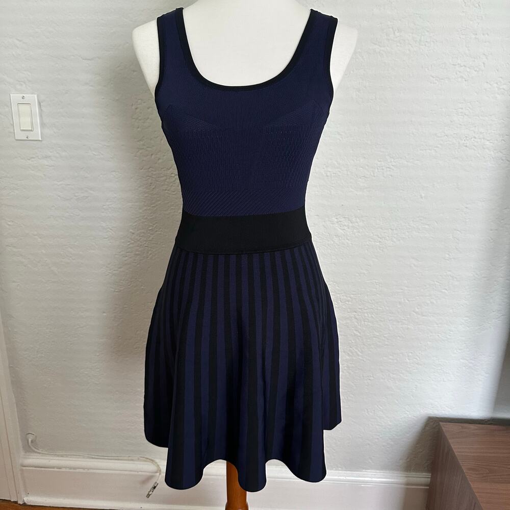 Guess‎ Small Fit and Flare Blue and Black Striped Bandage Dress
